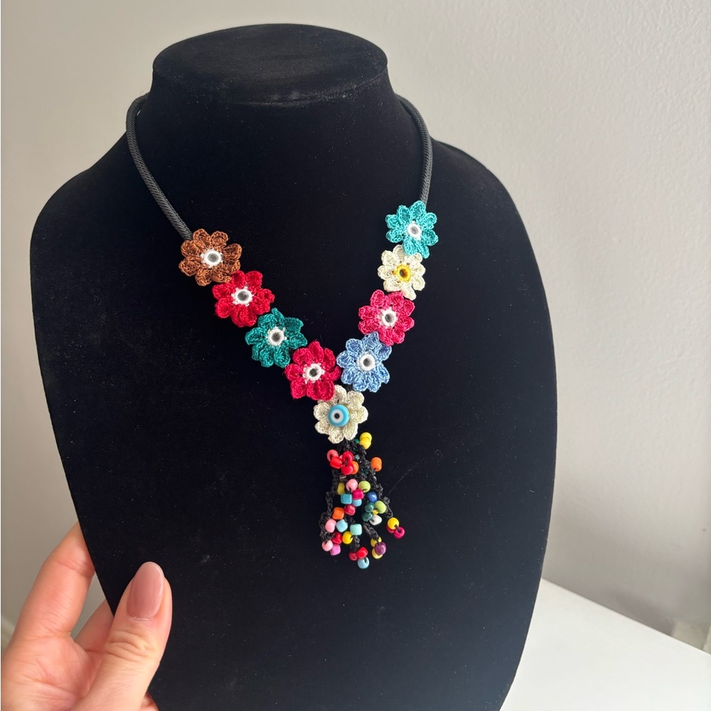 Colorful Crochet Flower Tassel Necklace - Picture 7 of 7